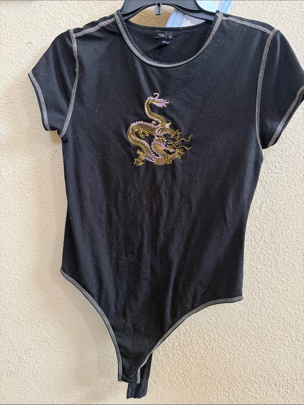 Rue21 Black Bodysuit with Gold & Purple Dragon Embroidery